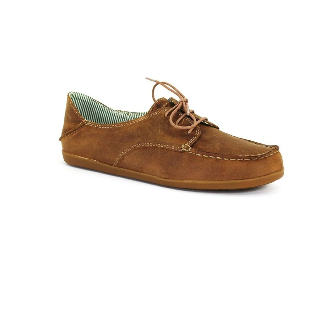 OluKai Heleuma Women's Brown Leather Lace Up Slip On Loafer Shoes Size 7 - Picture 1 of 4